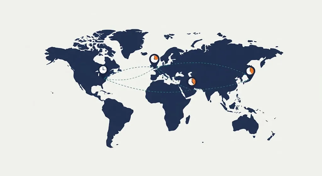 World map with clock pins over four cities each showing a different local time