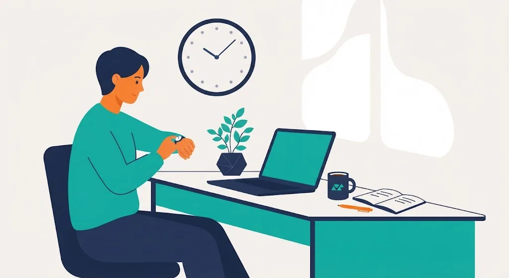 Person checking a wristwatch at a desk with a laptop, wall clock, and coffee cup nearby