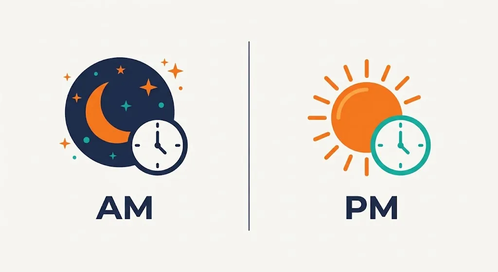 Split scene showing a night sky labeled AM on the left and a bright afternoon sky labeled PM on the right