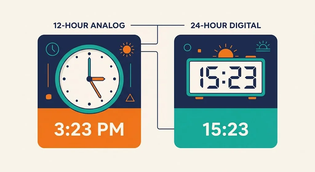 Infographic card comparing a 12-hour clock reading 3:23 PM with a 24-hour display reading 15:23