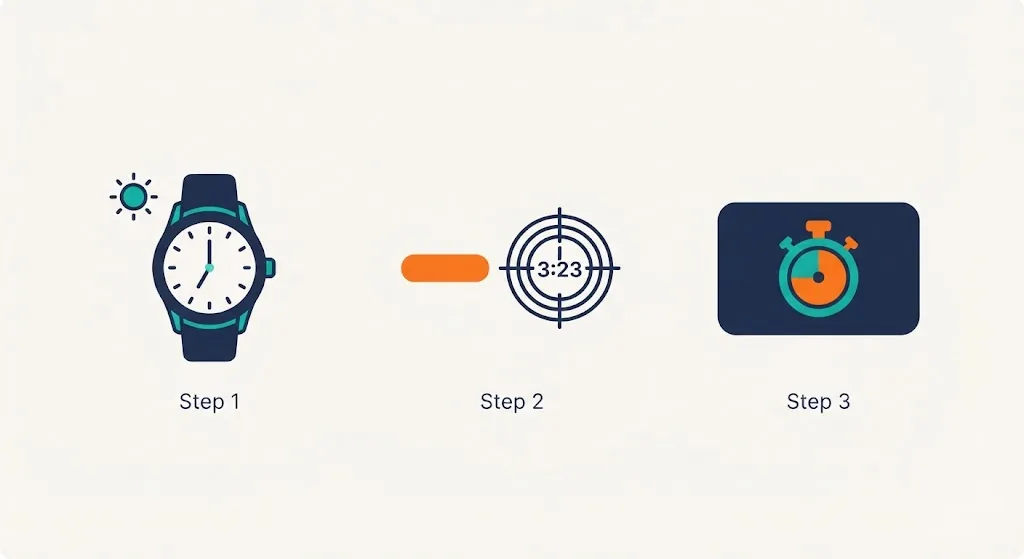 Three simple step icons: a wristwatch, a minus sign with a target clock at 3:23, and a stopwatch result card