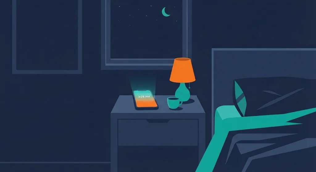 Flat illustration of a phone alarm glowing 3 colon 25 AM on a nightstand in a dark room, spelled exactly