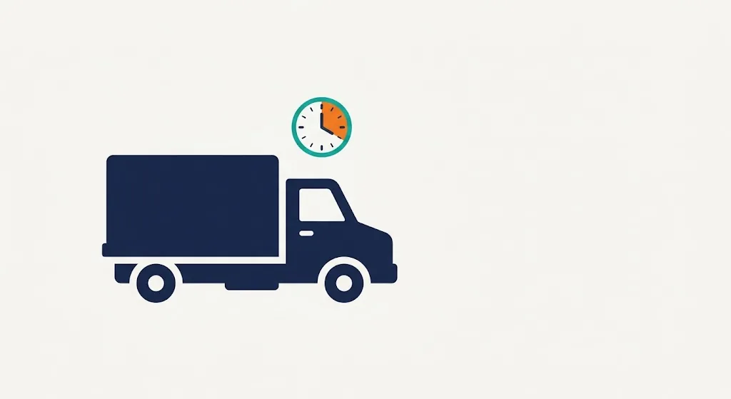 Flat delivery truck silhouette with a clock icon floating above it at night, spelled exactly