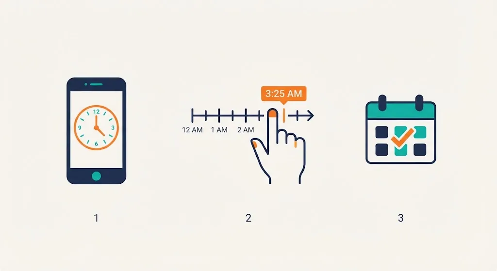 Three flat icon panels showing steps to calculate time until 3 colon 25 AM, spelled exactly