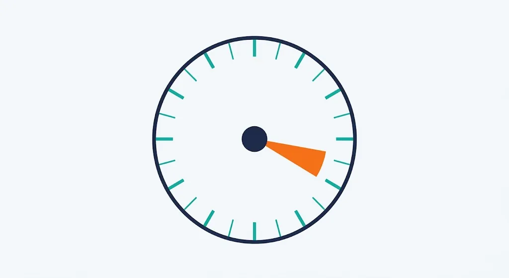 Circular 24-hour clock dial with a teal wedge sweeping toward an orange pin marking the 3:30 point
