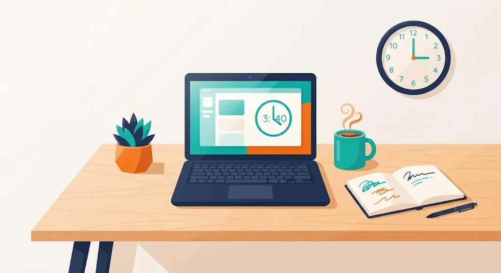 Desk scene with a laptop, coffee cup and wall clock showing hands near 3:30