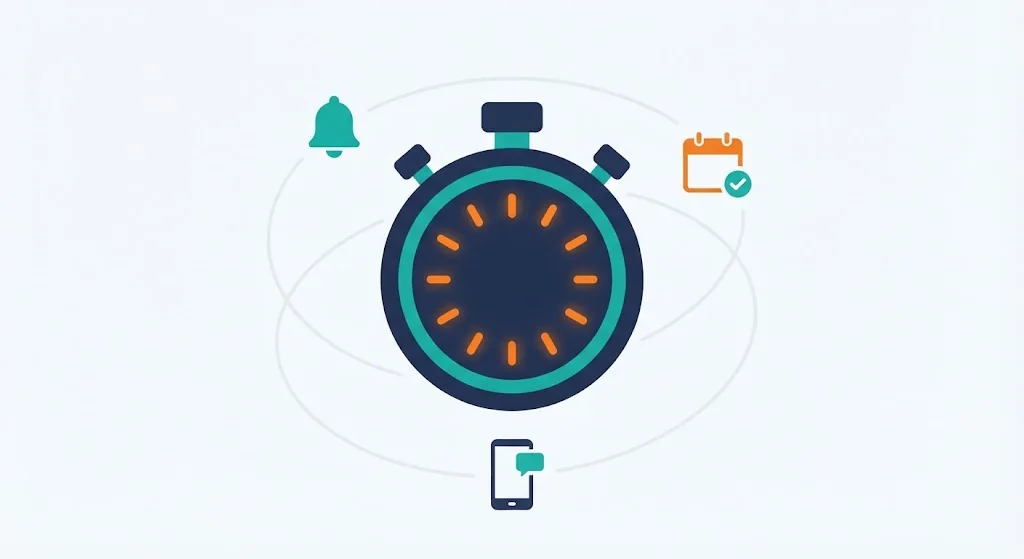 Flat countdown timer icon with a bell, calendar and phone notification around it, spelled exactly