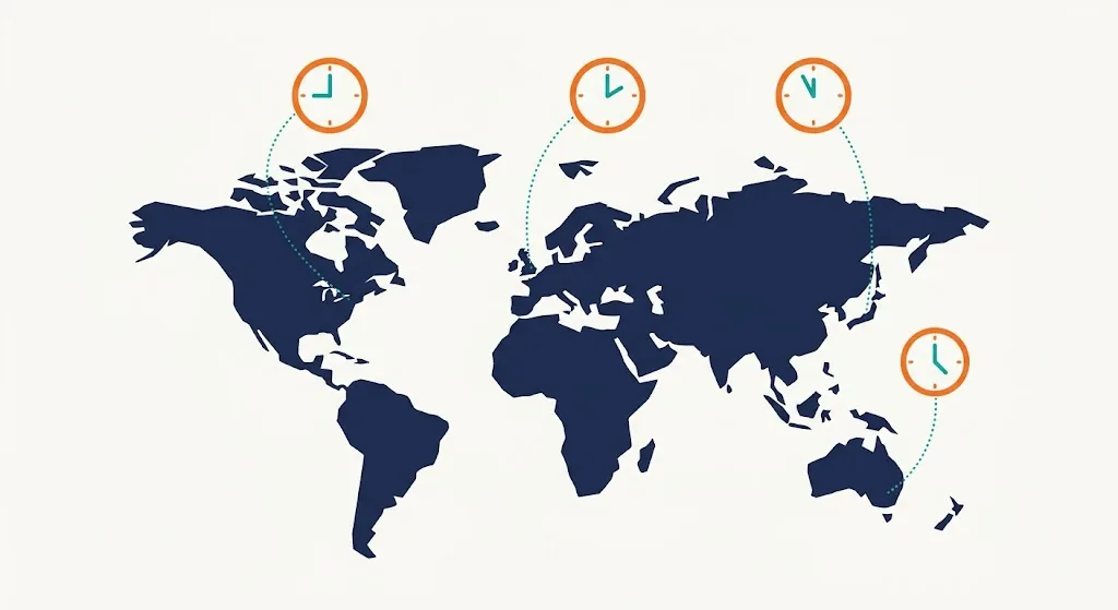 World map with clocks above four cities each showing a different local time, spelled exactly