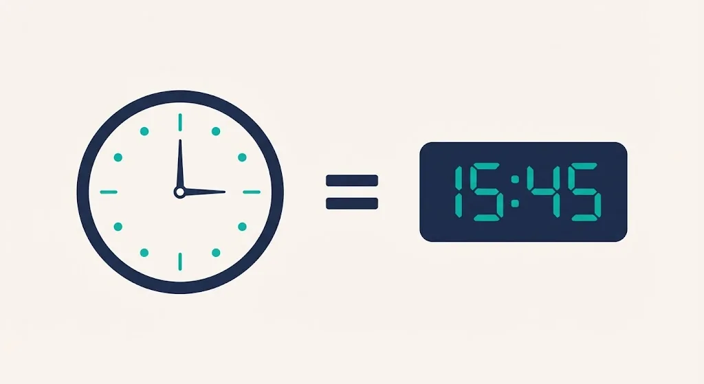 12-hour analog clock at 3:45 next to a 24-hour digital display reading 15:45