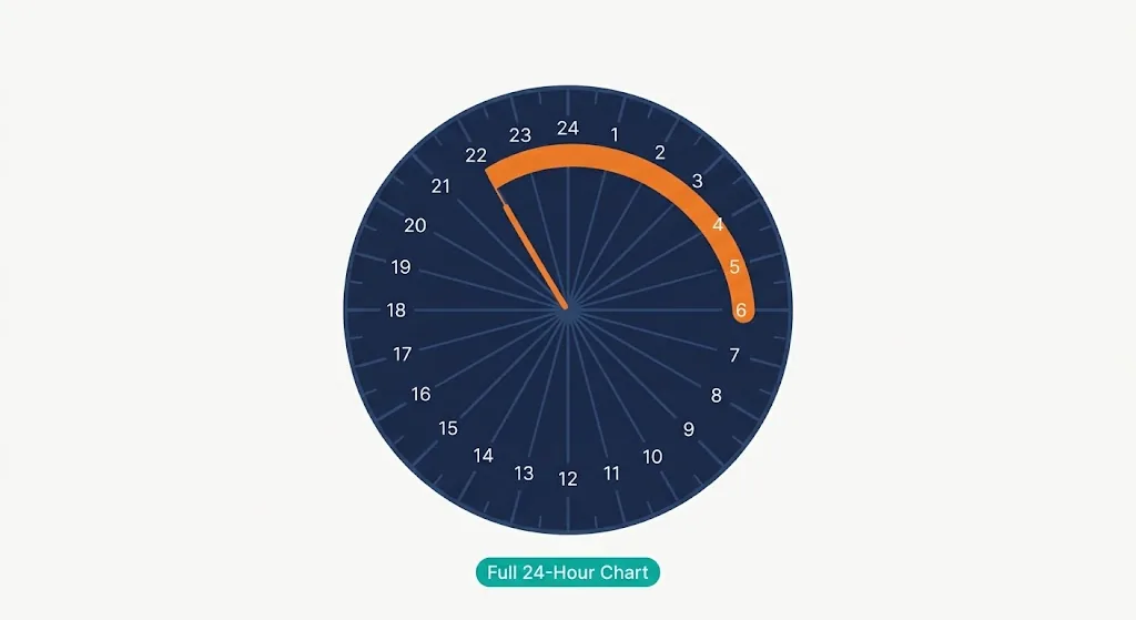 Circular 24-hour clock dial with an orange arc sweeping toward the number 3, labeled Full 24-Hour Chart