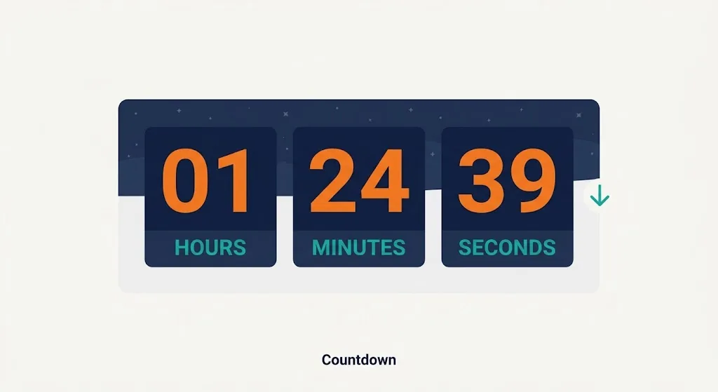 Flat digital countdown timer display with HOURS, MINUTES and SECONDS blocks in orange digits, labeled Countdown