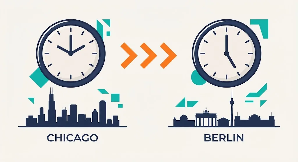World map with clocks above four cities each showing a different local time