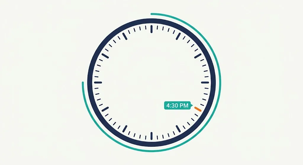 Circular 24-hour clock diagram with an orange tick highlighted at the 4 colon 30 PM position, spelled exactly