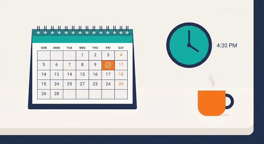 Flat illustration of a calendar, clock and coffee cup on a desk near 4 colon 30 PM, spelled exactly