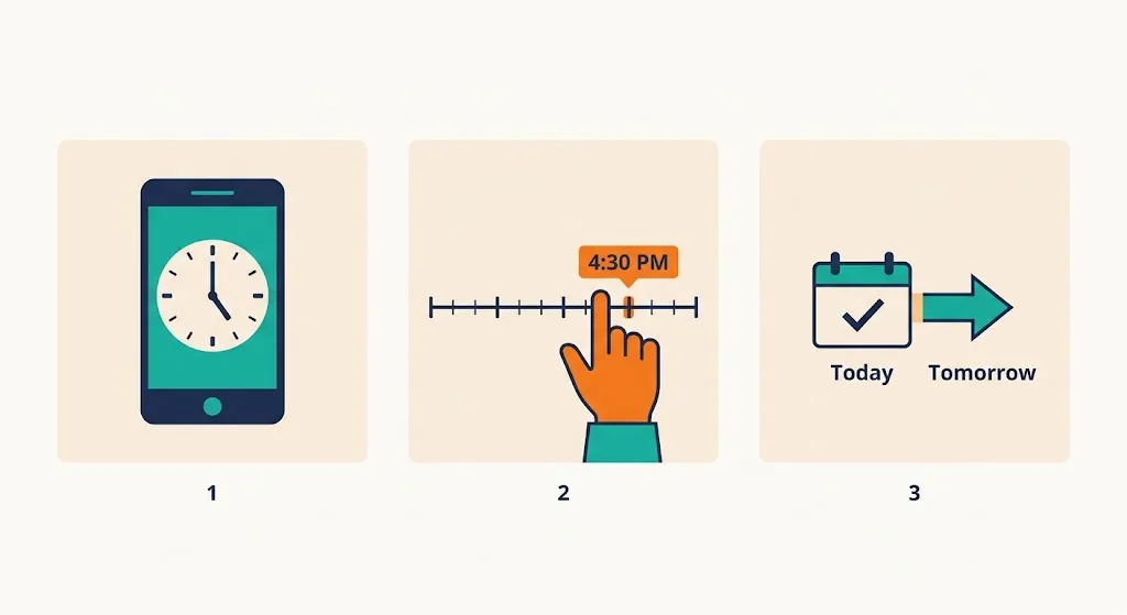 Three flat icon panels showing steps to calculate time until 4 colon 30 PM, spelled exactly