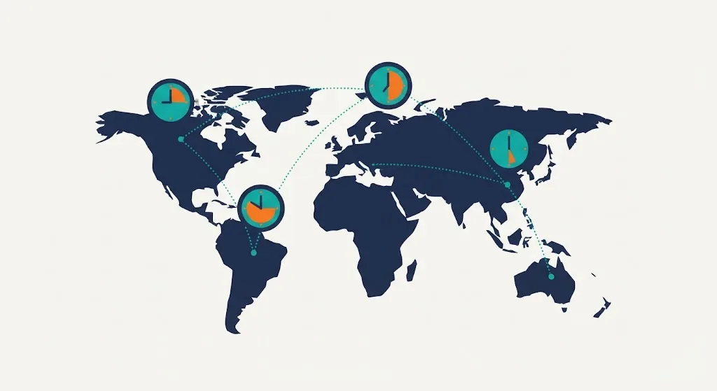 World map with clocks above four cities each showing a different local time, spelled exactly
