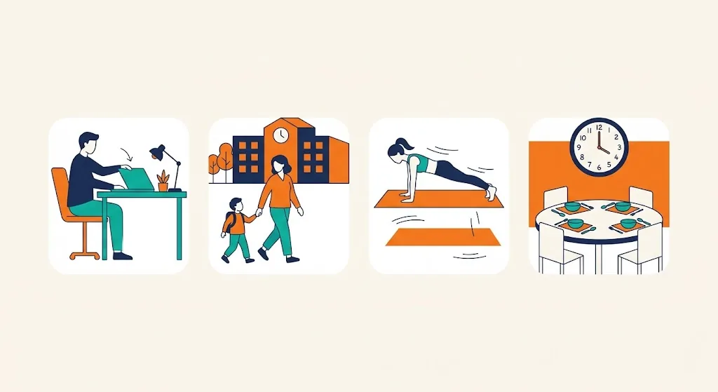 Four everyday scenes tied to 4 PM: closing a laptop, school pickup, home workout, family dinner clock
