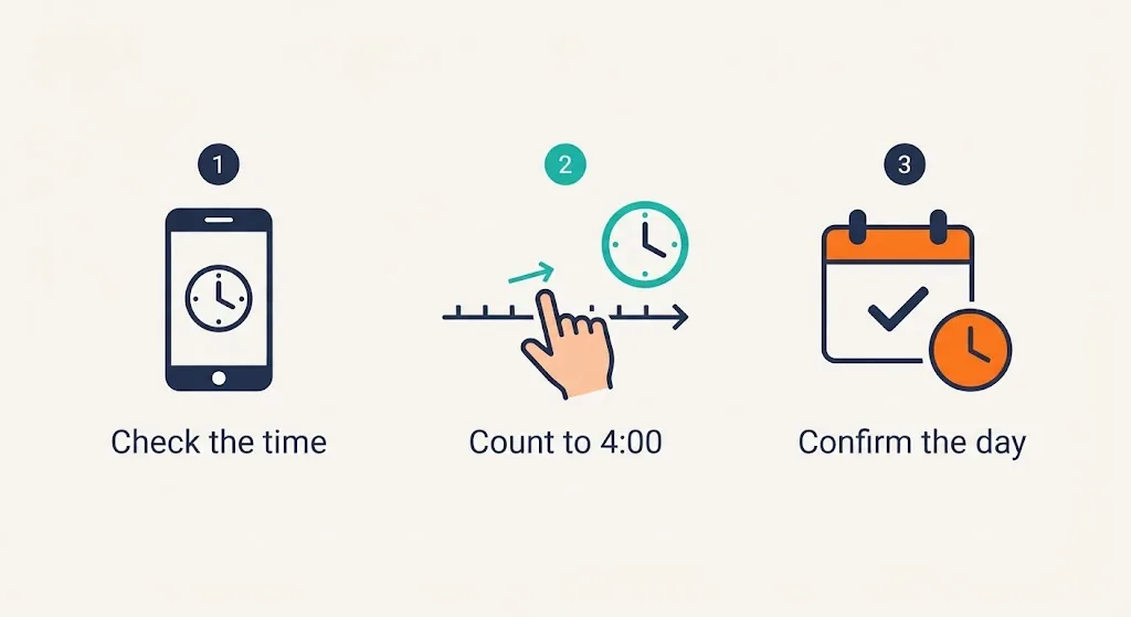 Three steps to calculate how long until 4 PM: check the time, count forward to 4 PM, confirm today or tomorrow