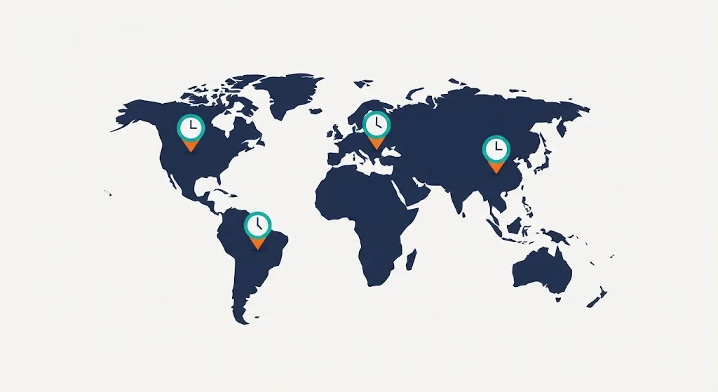 World map with pins over four cities each topped with a small clock showing a different local time