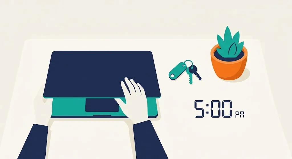 Flat illustration of a desk being tidied at the end of a workday with a clock showing 5 PM