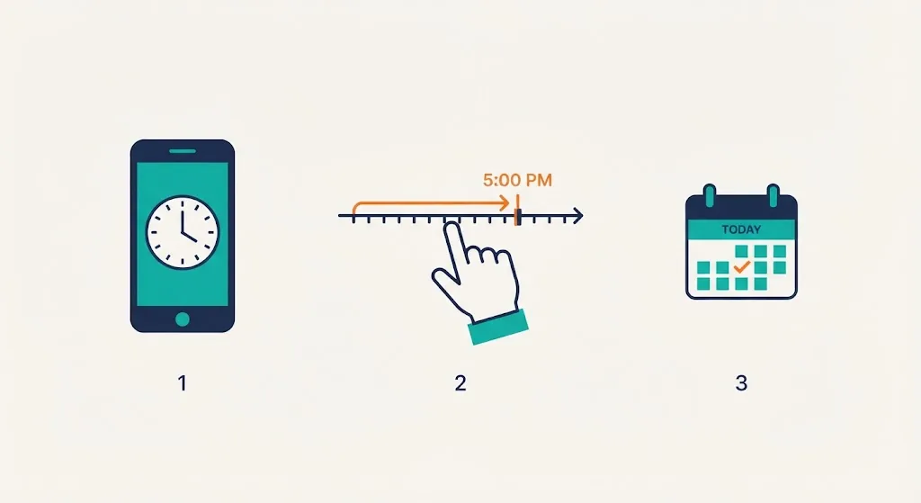 Three steps to calculate how long until 5 PM: check the time, count forward to 5 PM, confirm today or tomorrow