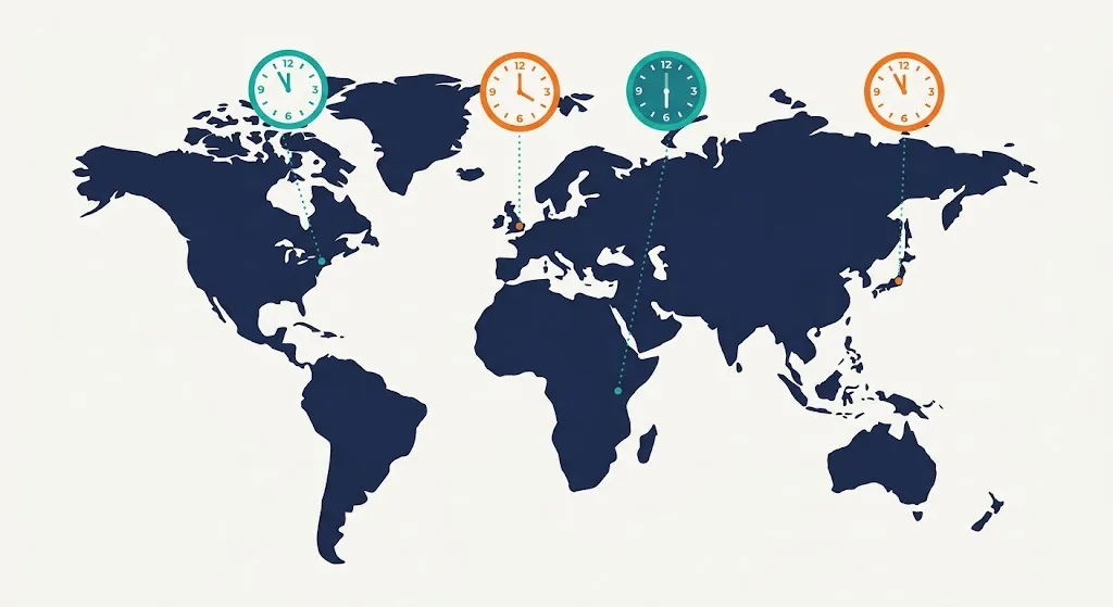 World map with clocks above four cities each showing a different local time for 5 PM
