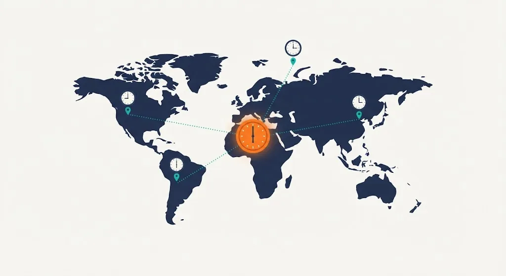 World map with clocks in different time zones counting down to a central 6:30 target