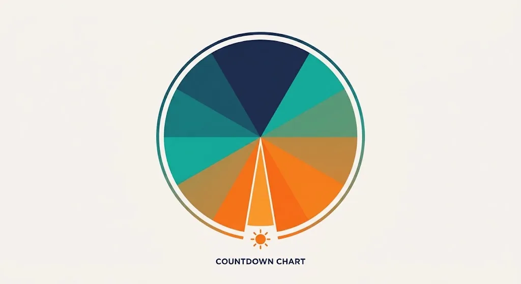 Circular clock-face dial shaded from midnight to 6 with a highlighted wedge at the 6 mark representing a full countdown chart