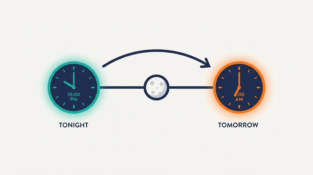 Timeline crossing midnight from 10 PM tonight to 6 AM tomorrow showing the countdown continues to the next morning