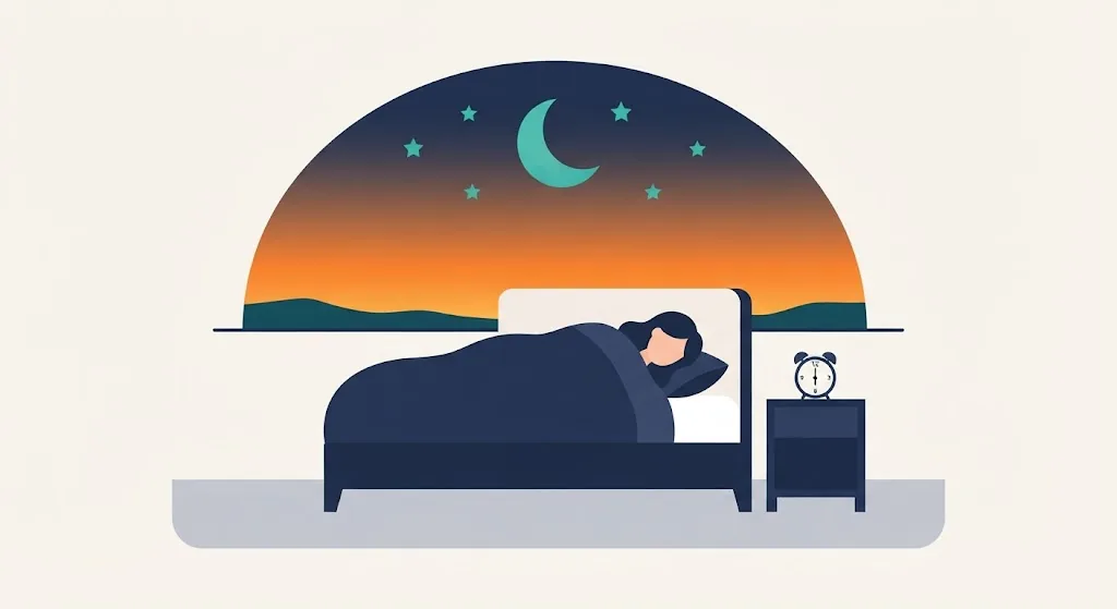 Person sleeping in bed with a sunrise glow and a bedside alarm clock reading 6:00