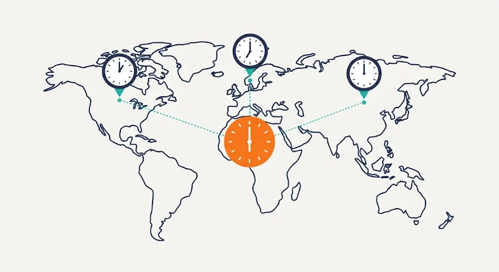 World map with three clocks showing different times connected to a central clock reading 6:00 to represent time zone differences