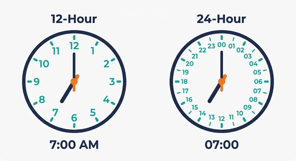Side by side 12-hour clock showing 7:00 AM and 24-hour clock showing 07:00