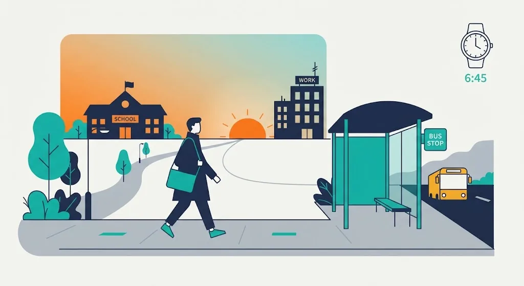 Person walking to a bus stop at dawn checking a wristwatch showing 6:45