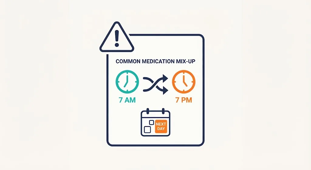 Checklist card warning about mixing up 7 AM and 7 PM with a calendar showing next day