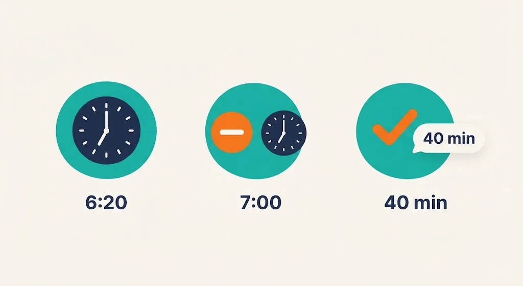 Three steps showing 6:20 minus a clock at 7:00 equals a result of 40 minutes