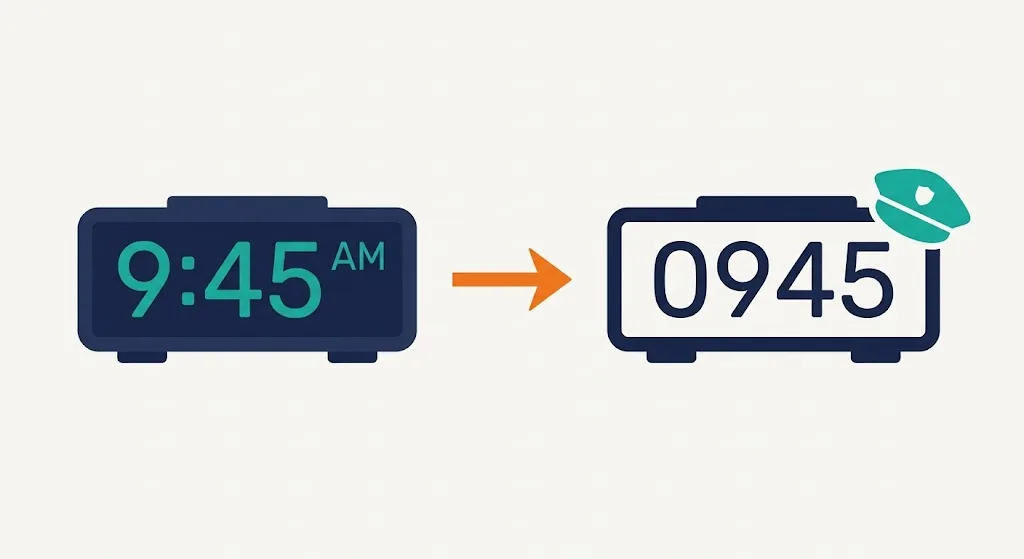 A clock badge showing 9:45 AM next to an arrow leading to a military time badge showing 0945