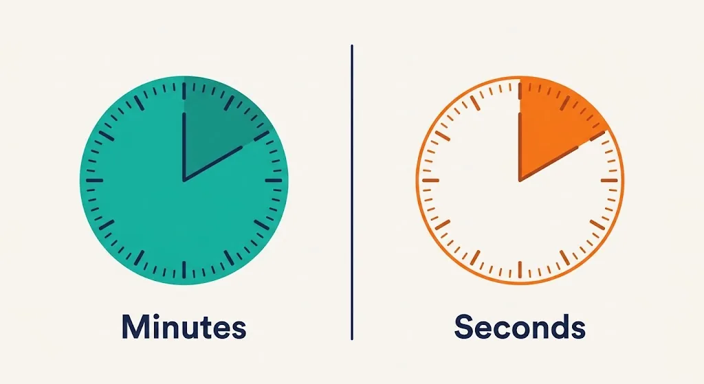 Two dials, one marked in minutes and one in seconds, showing the countdown breakdown to 9:45 AM